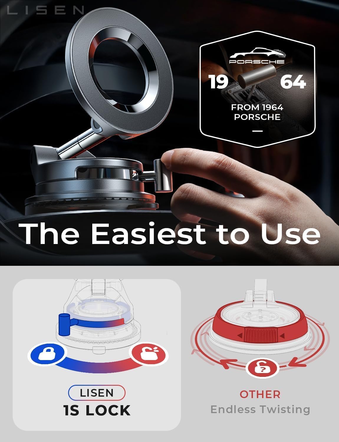 LISEN for Magsafe Car Mount |3800gf Strong Magnet+22xN55| Magnetic Phone Holder for Car Phone Holder Magnetic Vacuum Mobile Magnet Phone Holder iPhone Car Phone Mount for iPhone 18-12,Black