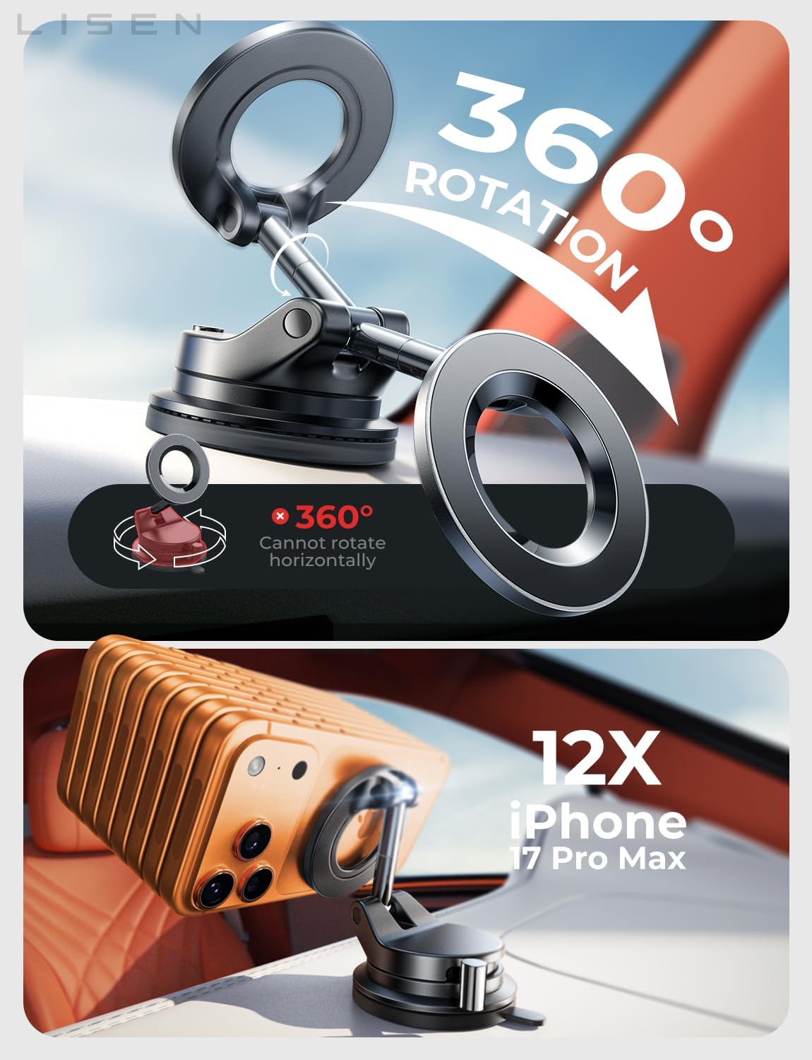 LISEN for Magsafe Car Mount, Magnetic Phone Holders for Your Car, Vacuum Phone Mount for Car Accessories for Women Men Jeep BMW, SuctionPro Gifts Kits, for iPhone 17 Pro Max 16 15 14 13 12