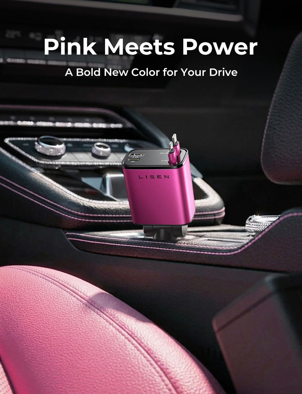 LISEN Retractable Car Charger, 84W Car Charger USB C Fast Charger Adapter, Car Accessories for Men Women, Gifts for Fathers Day for Men Dad Husband, for iPhone 17 16 15 14 13 12 Pro Max, Pink-Black