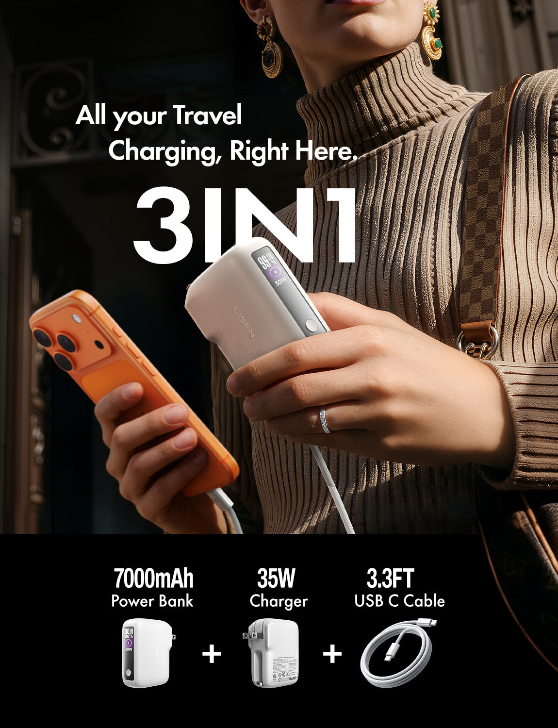 LISEN 3-in-1 Fast Travel Charger, 35W Wall Charger & 27W Power Bank, Portable Charger with Built-in 3.3FT USB-C Cable and Foldable Plug, 7000mAh Battery Pack for iPhone 17/16 Series, Galaxy, pixel 10