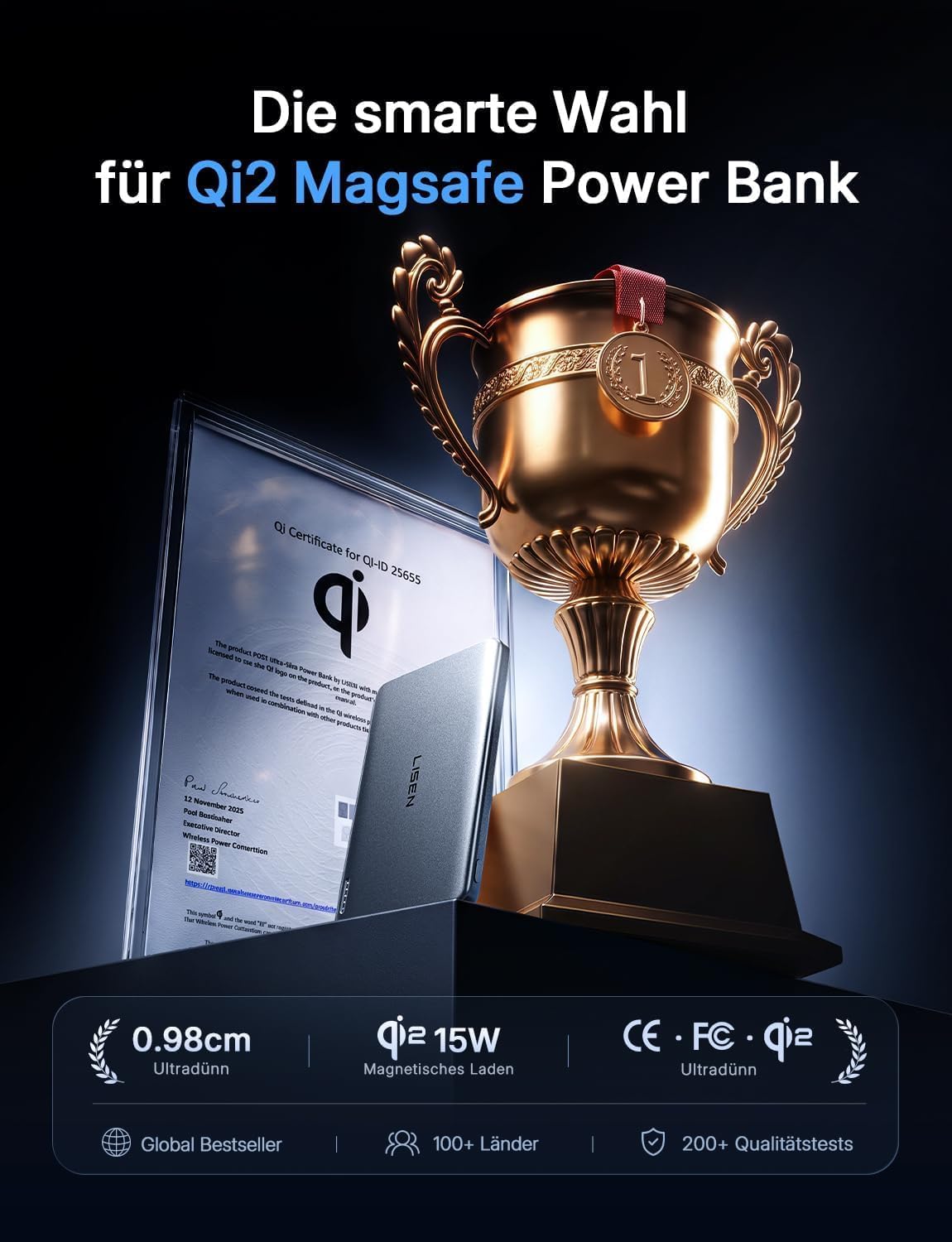LISEN Qi2.0 15W Magsafe Powerbank Slim 5000mAh fĂŒr iPhone 18 Pro Max