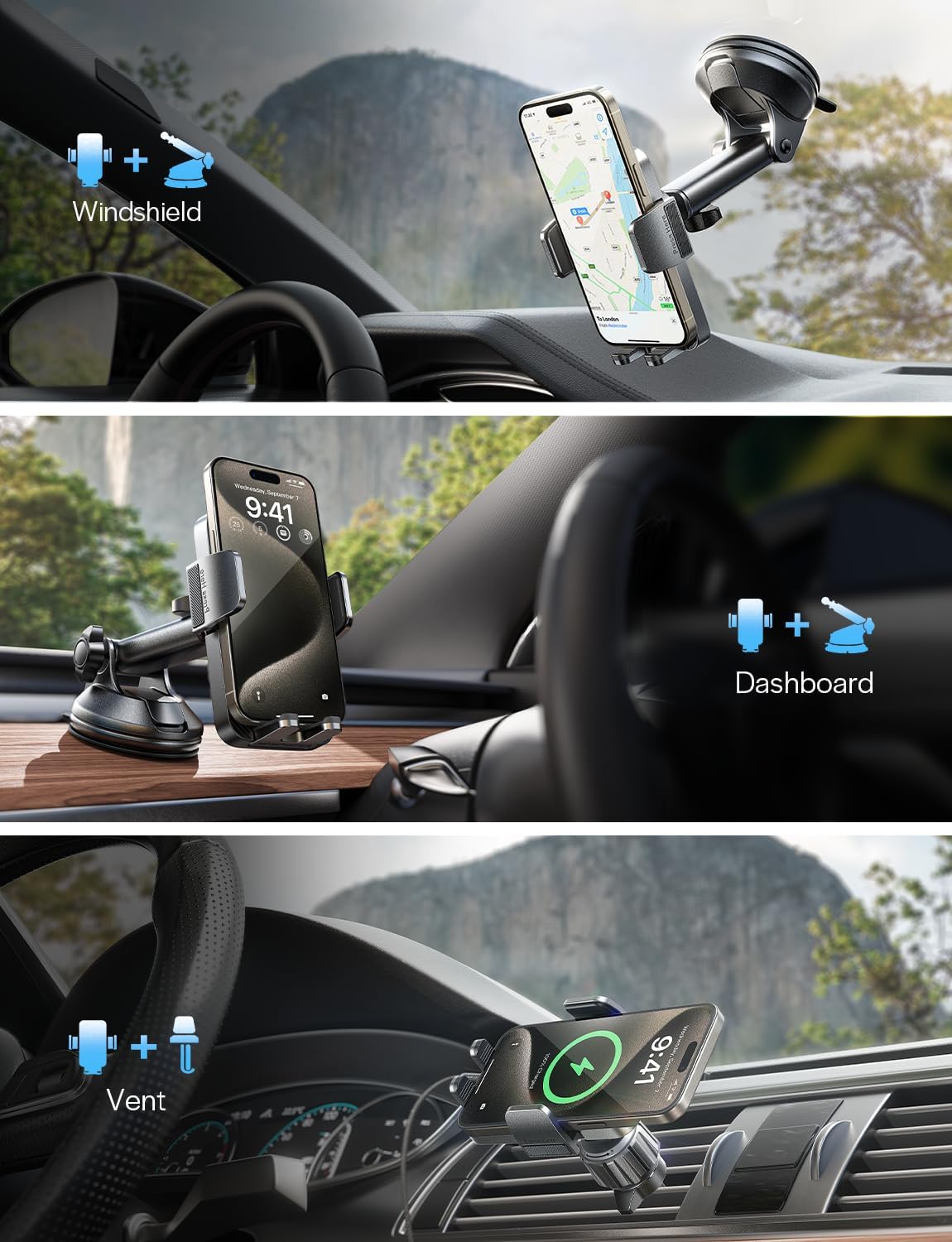 LISEN for iPhone 17 Car Phone Holder Mount, 2-in-1 Suction Cup Phone Mount for Car Dashboard Windshield and Air Vent Cell Phone Holder, Truck Phone Holder for iPhone 16 Pro Max Air 15 14 13 Plus Mini