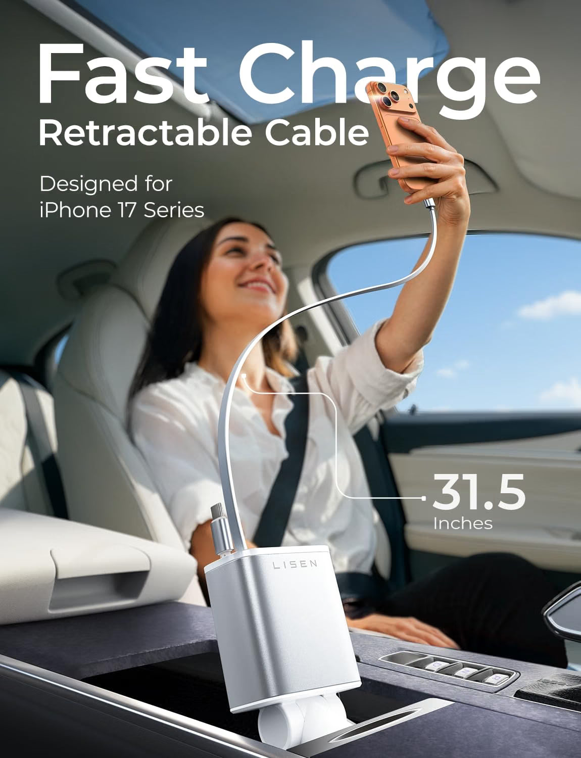 LISEN Retractable Car Charger USB C Fast Charge for iPhone 17 16 15 Pro Max