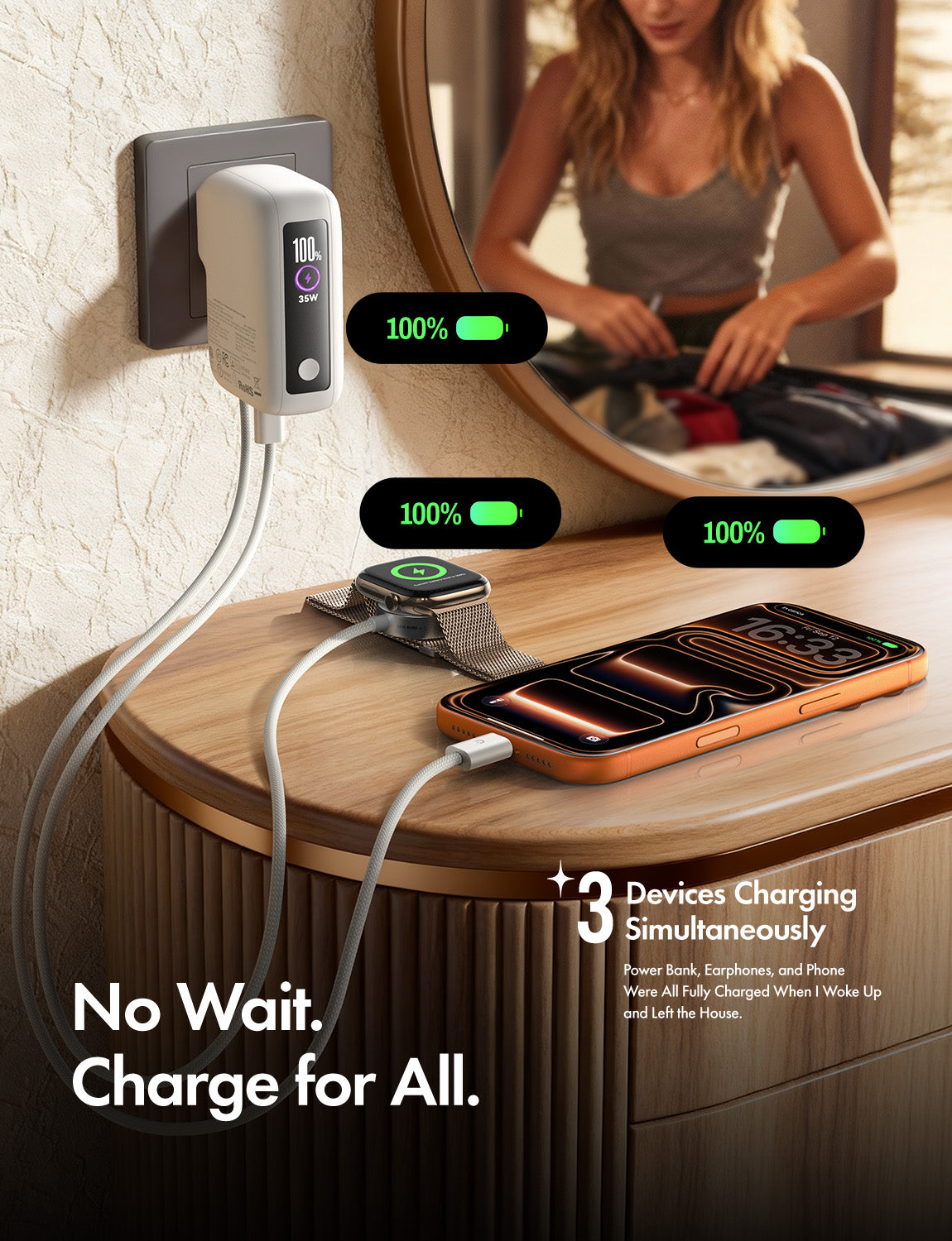 LISEN 3-in-1 Fast Travel Charger, 35W Wall Charger & 27W Power Bank, Portable Charger with Built-in 3.3FT USB-C Cable and Foldable Plug, 7000mAh Battery Pack for iPhone 17/16 Series, Galaxy, pixel 10