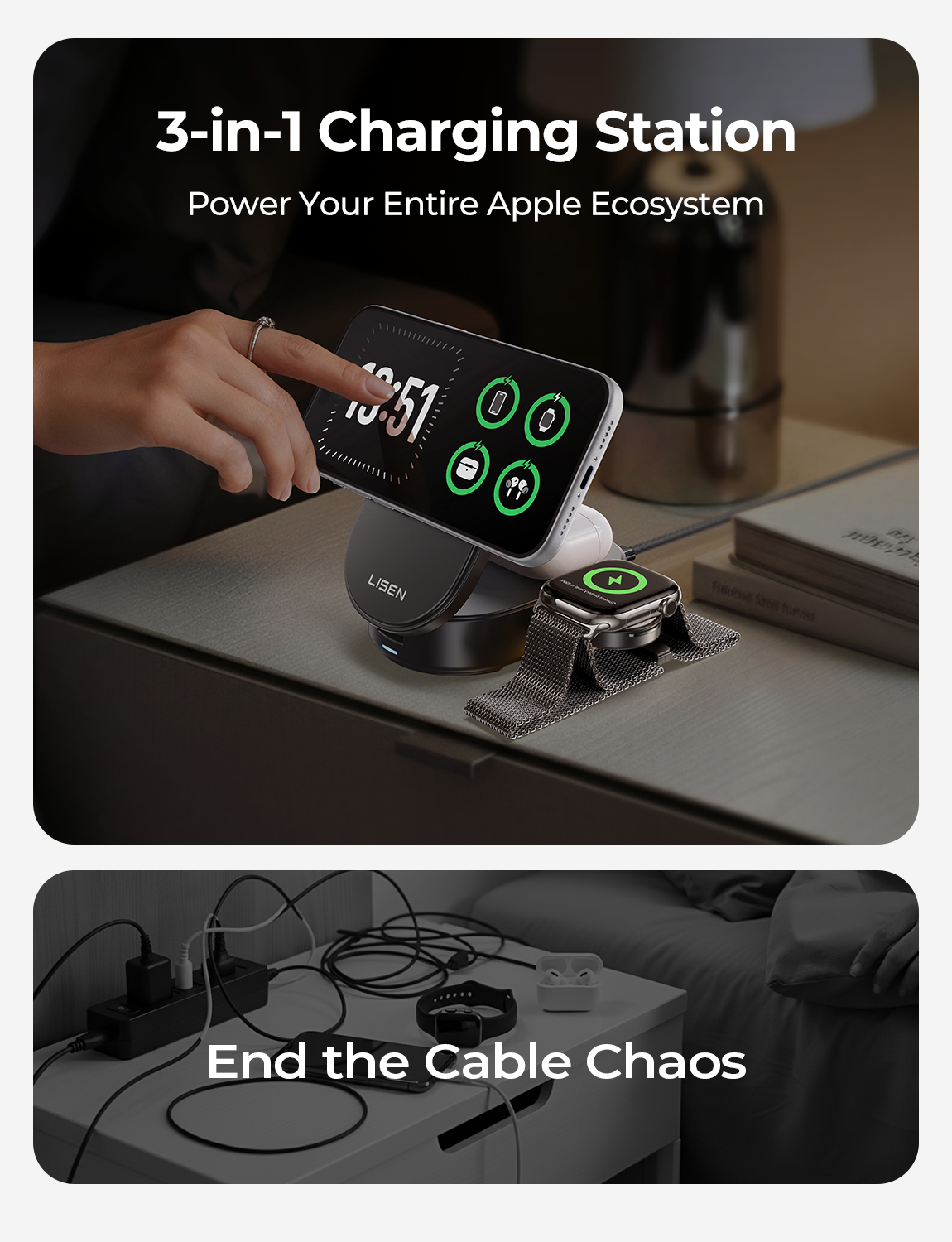 LISEN QI2.2 25W MagSafe Wireless Charger for iPhone 18 Pro Max, Qi2 25W 3 in 1 Charging Station Apple Stand for iPhone 18/17/16/15/14/13 Pro Max, Apple Watch&AirPods, Travel Portable with 45W Adapter