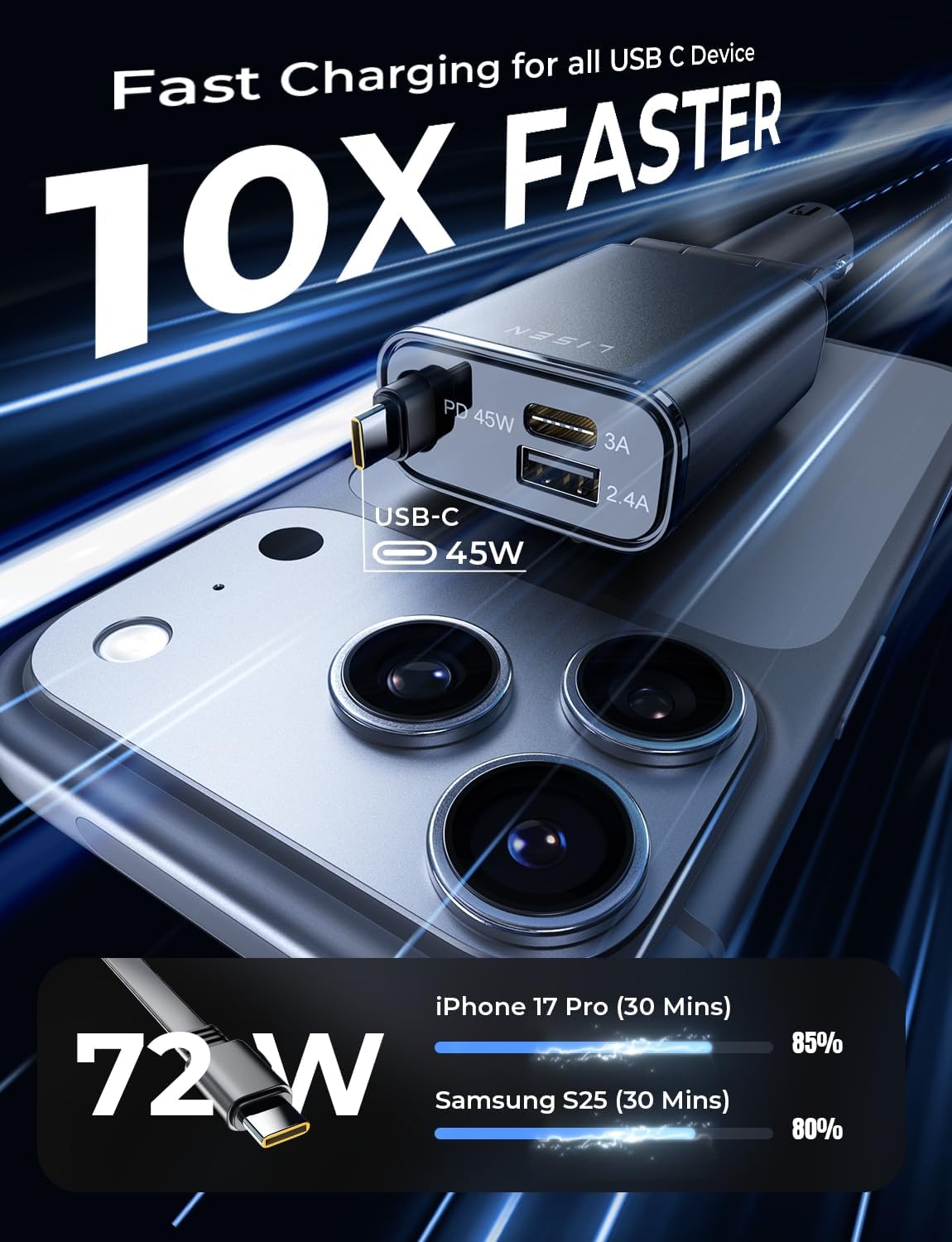 LISEN Retractable Car Charger USB C