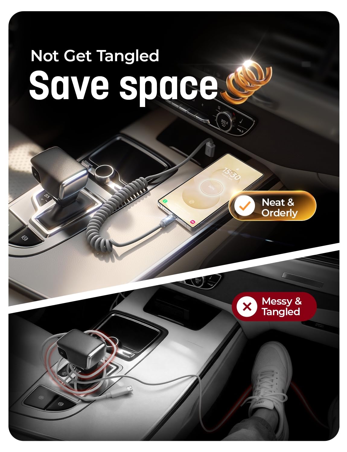 LISEN Coiled USB C Cable, 2 Pack for Android Auto & CarPlay Cable, Short USB A to USB C Cable Compatible with iPhone 17/16/15, Samsung Galaxy S25/S24/S23 A15/A14, Google Pixel 9/8, Space Gray 4FT