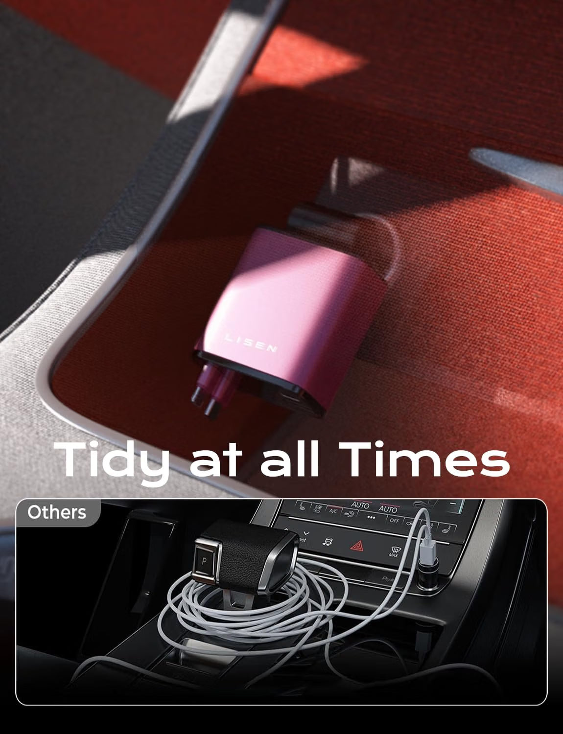 LISEN Retractable Car Charger, 84W Car Charger USB C Fast Charger Adapter, Car Accessories for Men Women, Gifts for Fathers Day for Men Dad Husband, for iPhone 17 16 15 14 13 12 Pro Max, Pink-Black