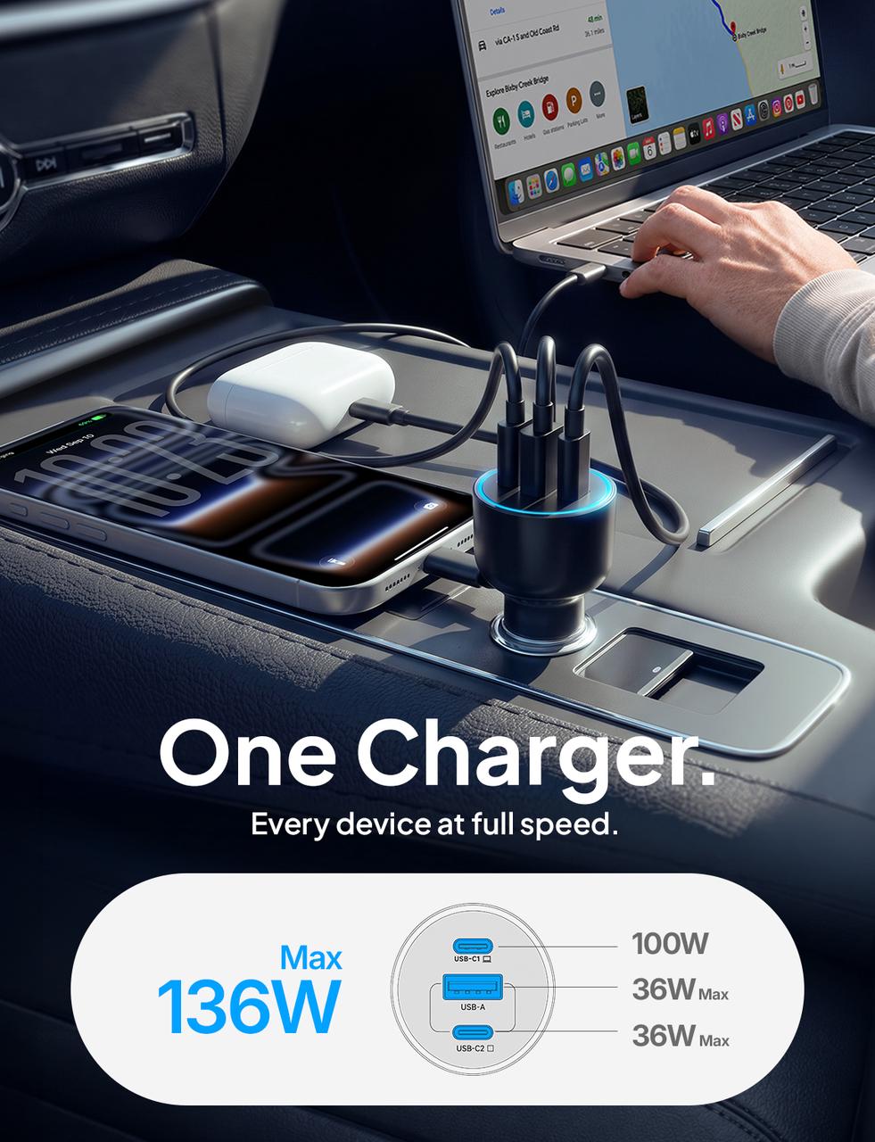 LISEN 136W Car Phone Charger USB C Fast Charge with 240W C-C Cable