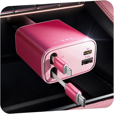 LISEN Retractable Car Charger, 84W Car Charger USB C Fast Charge, Duo Cable