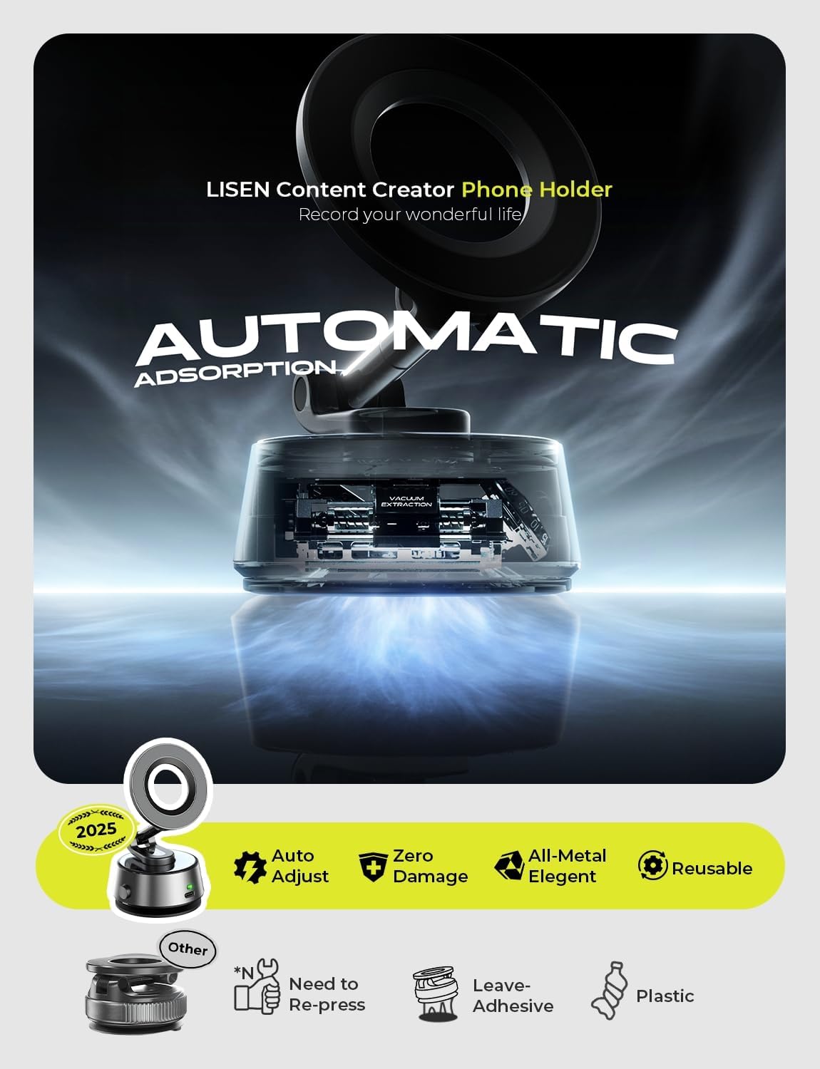 LISEN 2026 Auto Vacuum 3.0 Suction MagSafe Car Mount