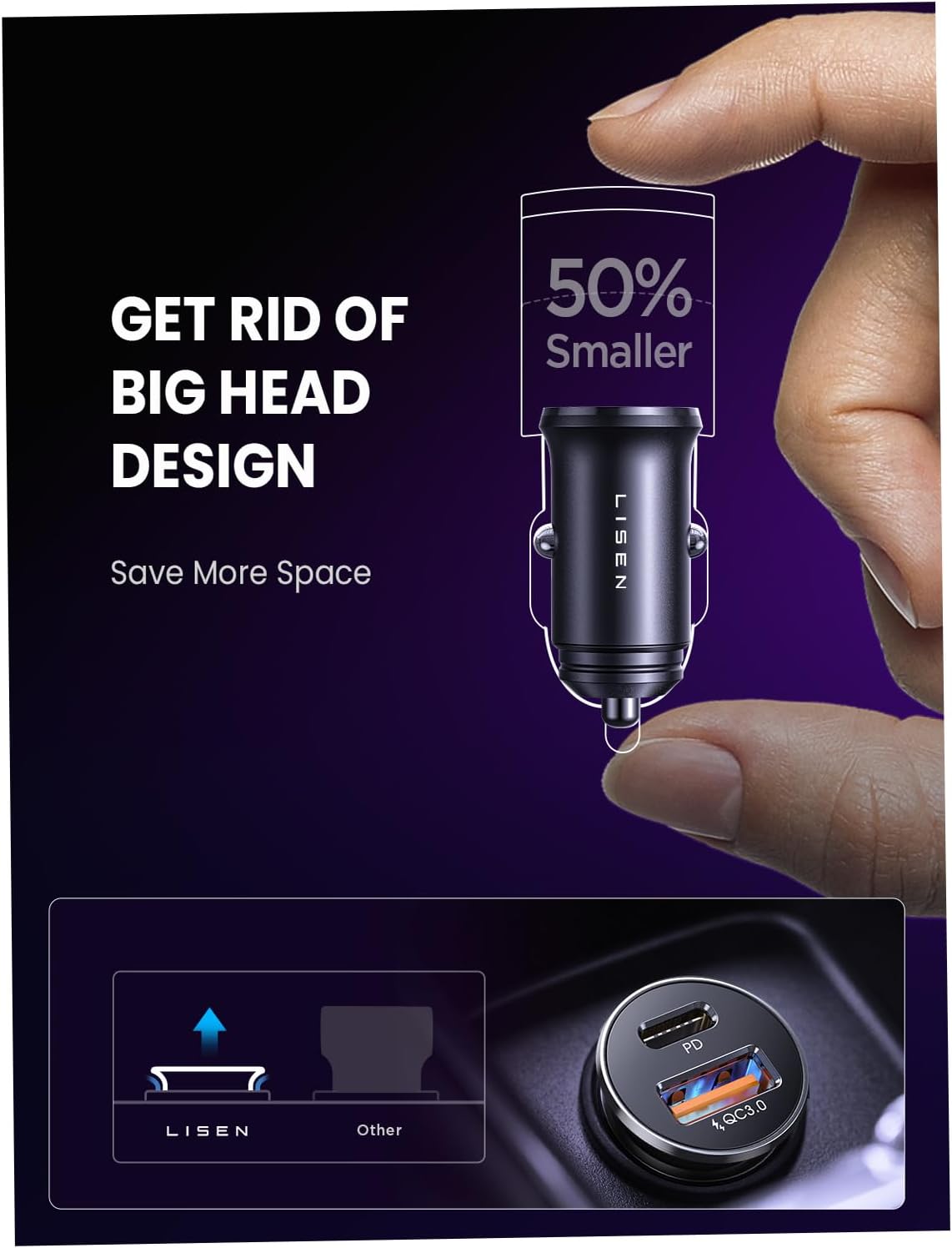 LISEN 54W Mini Metal Cigarette Lighter USB C Car Charger