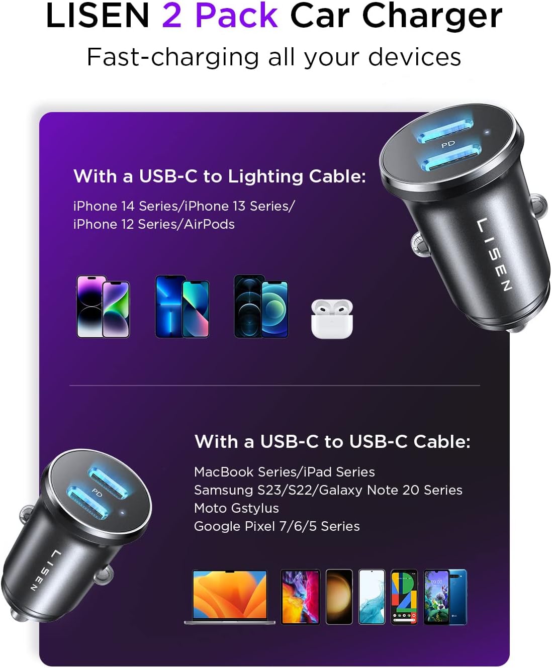 Lisen Dual USB C Car Charger 2-Pack
