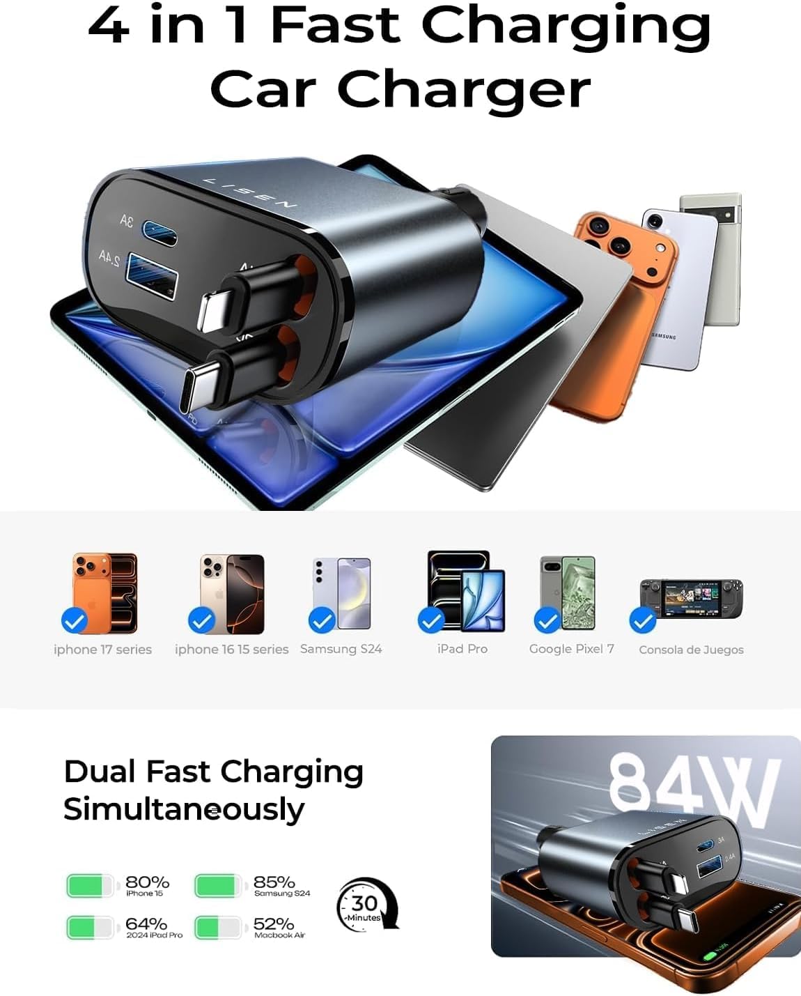 LISEN 84W Retractable Car Charger USB C Cigarette