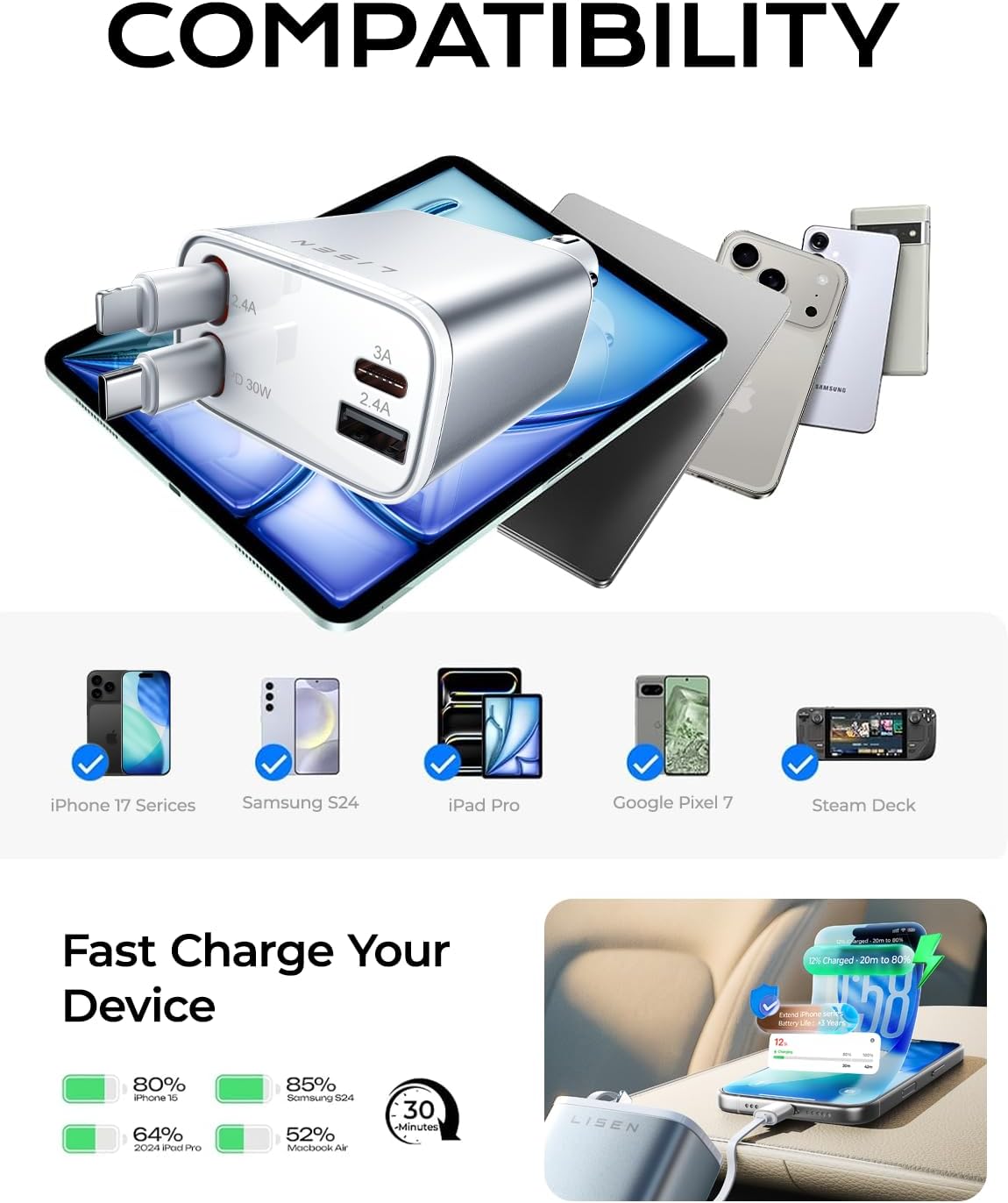 LISEN for iPhone 17 Retractable Car Charger