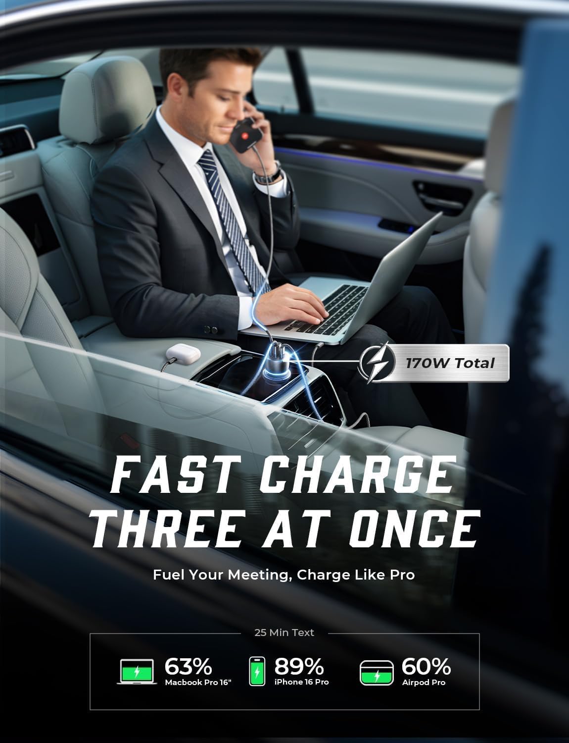 LISEN 170W カーチャージャー USB C 急速充電 カーチャージャー GaN チップ PD3.1 140W+PD30W/QC30W シガレットライター USB 充電アダプター iPhone17/16、MacBook Pro/Air、ノートパソコン、Samsung S25/S24 用