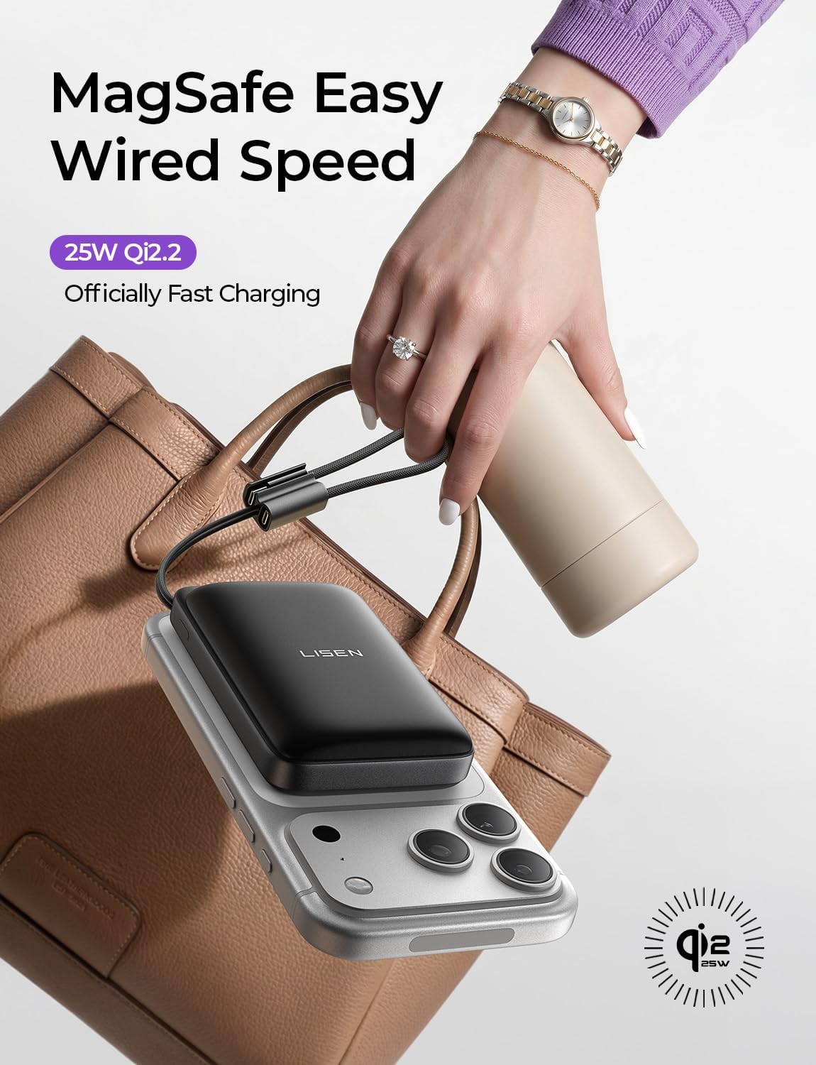 LISEN Qi2.2 25W for Magsafe Power Bank, 65W USB C Fast Charging (Black)