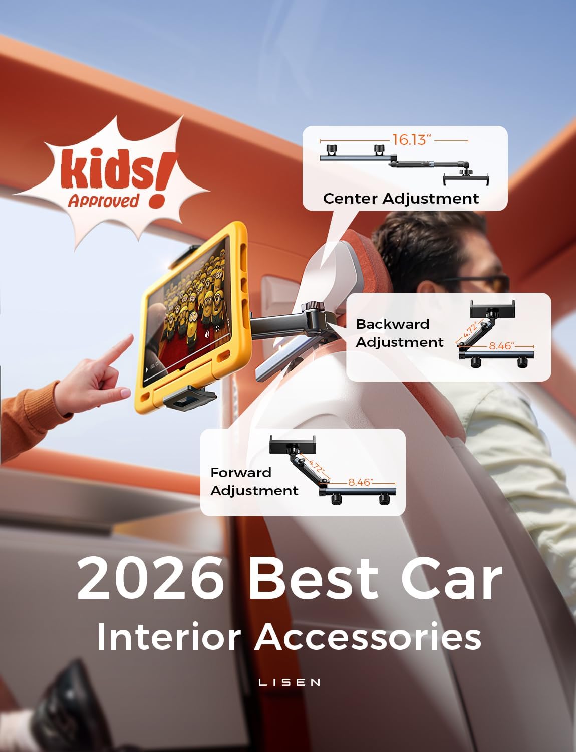 LISEN iPad Holder for Car Tablet Mount, 4 in 1 Adjust Arm Back Seat Stand