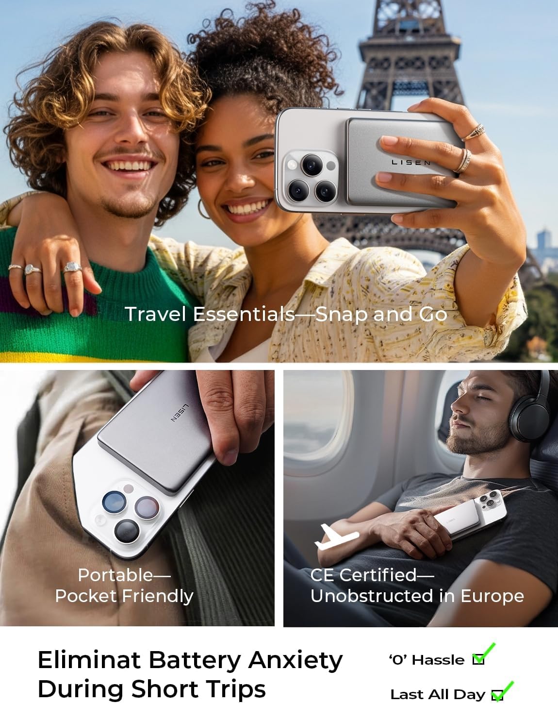 LISEN Ultra Slim MagSafe Power Bank,5000mAh Qi2 15W Wireless Card Slim MagSafe Battery Pack,Slim Magnetic Portable Charger,Magnetic Power Bank for iPhone 17 Pro Max Plus Air 16 15 14 13 12