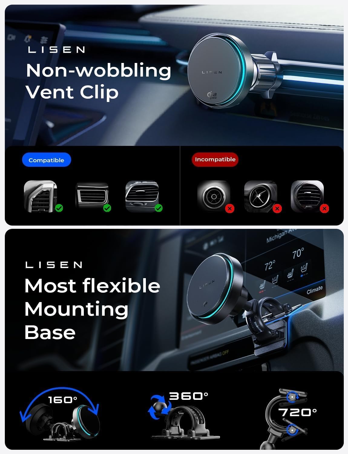 LISEN Qi2.2 25W MagSafe Car Mount Charger, TEC Cooling for iPhone 12‑17