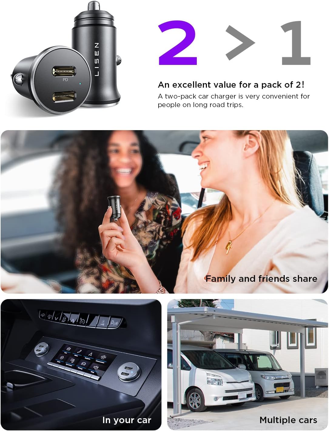 Lisen Dual USB C Car Charger 2-Pack