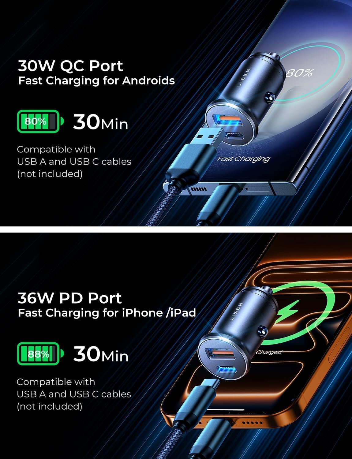 LISEN Car Charger, 69W Cigarette Lighter USB Charger
