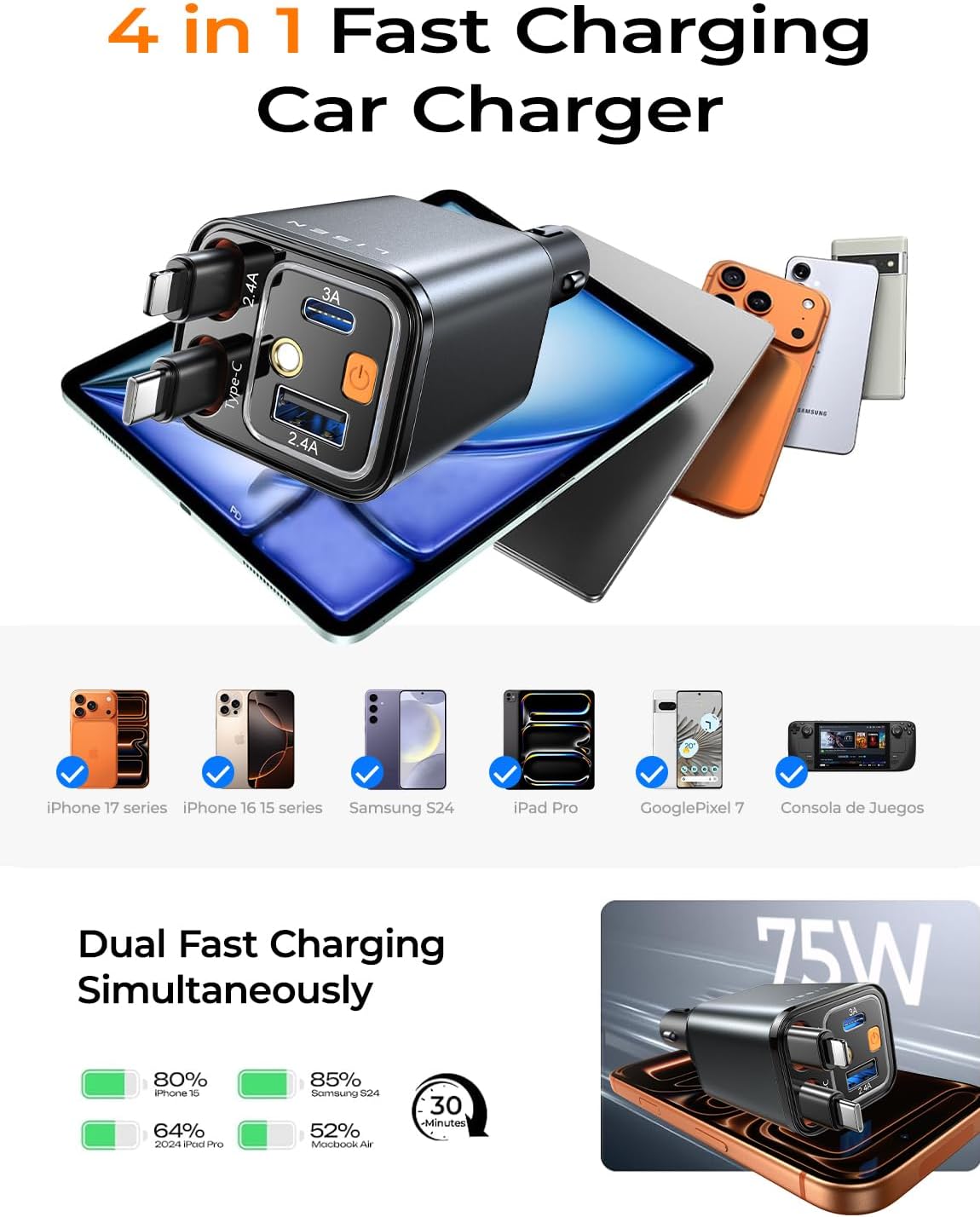 LISEN 4 in 1 Starlight Retractable Car Charger, 75W USB C Cigarette Adapter Fast Charging