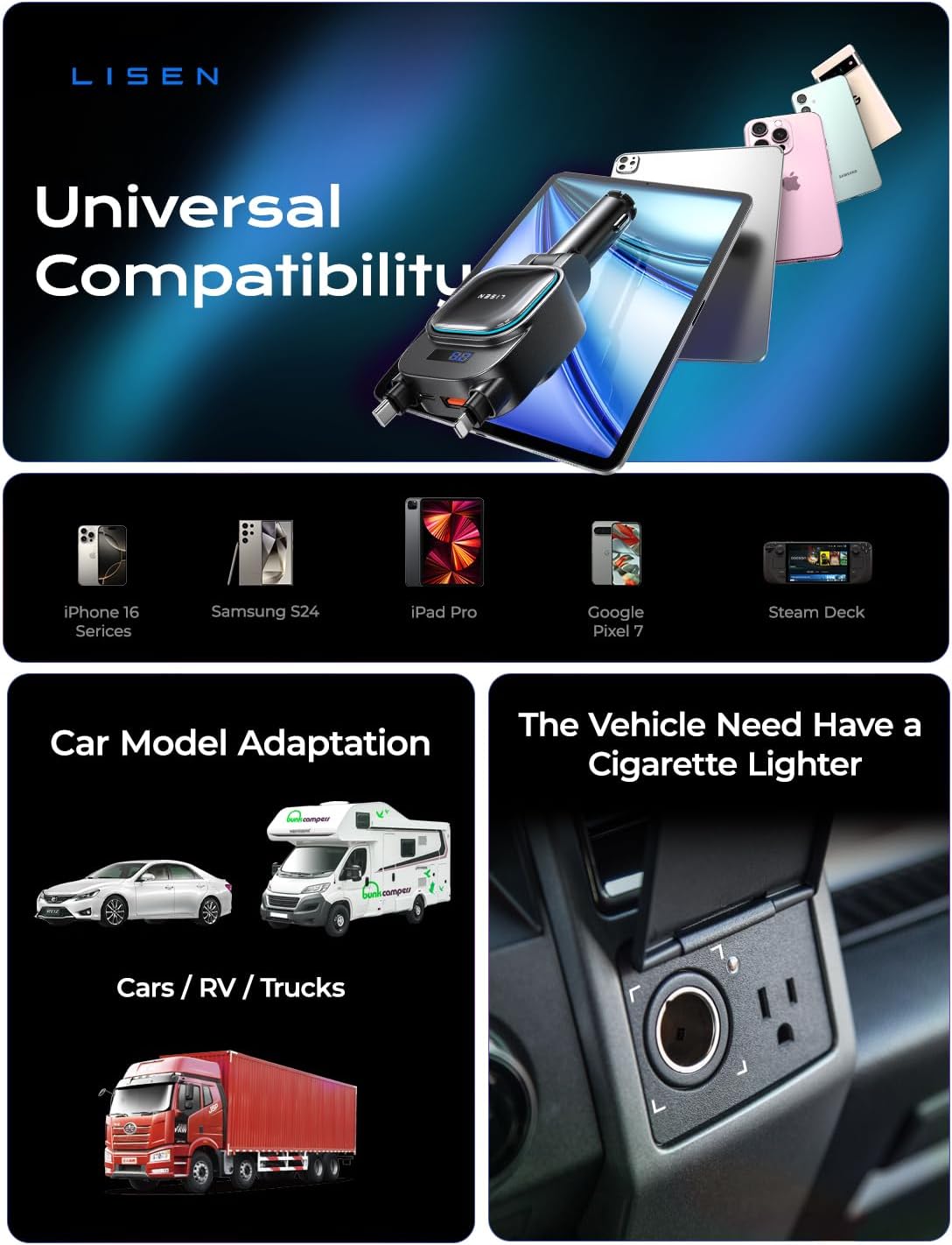LISEN for iPhone 17 Pro Max Retractable Car Charger