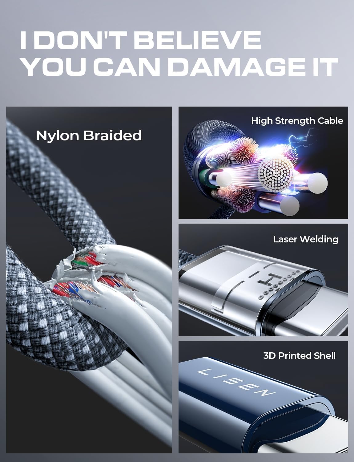 LISEN 2 Pack 240W USB C to USB C Cable 0.5M Charger Cable Grey