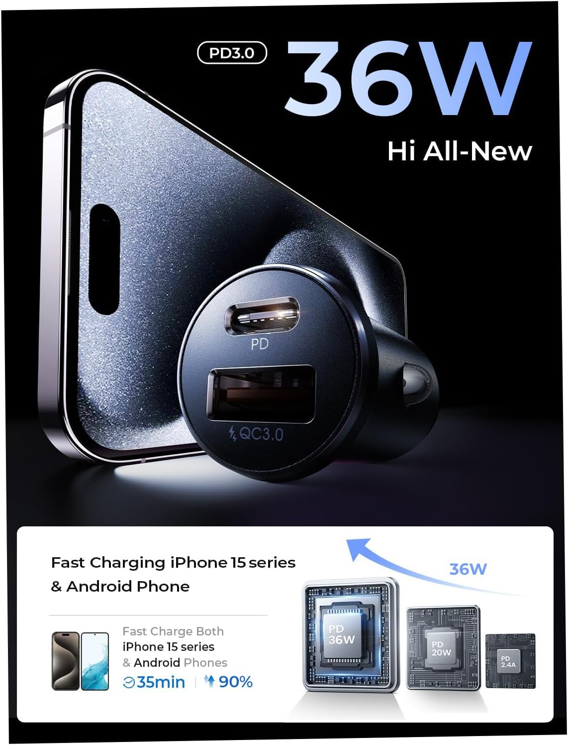 LISEN 54W Mini Metal Cigarette Lighter USB C Car Charger