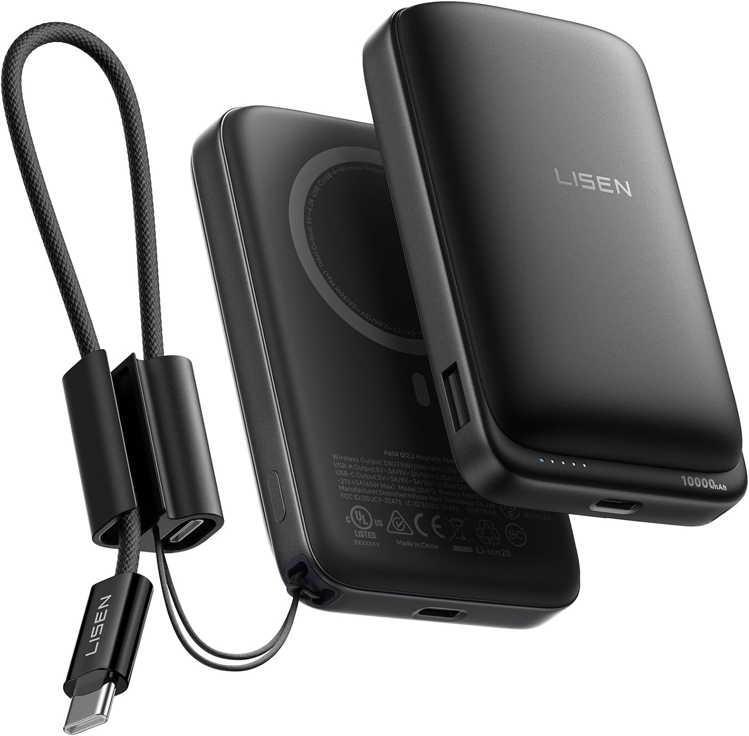 LISEN Qi2.2 25W for Magsafe Power Bank, 65W USB C Fast Charging (Black)