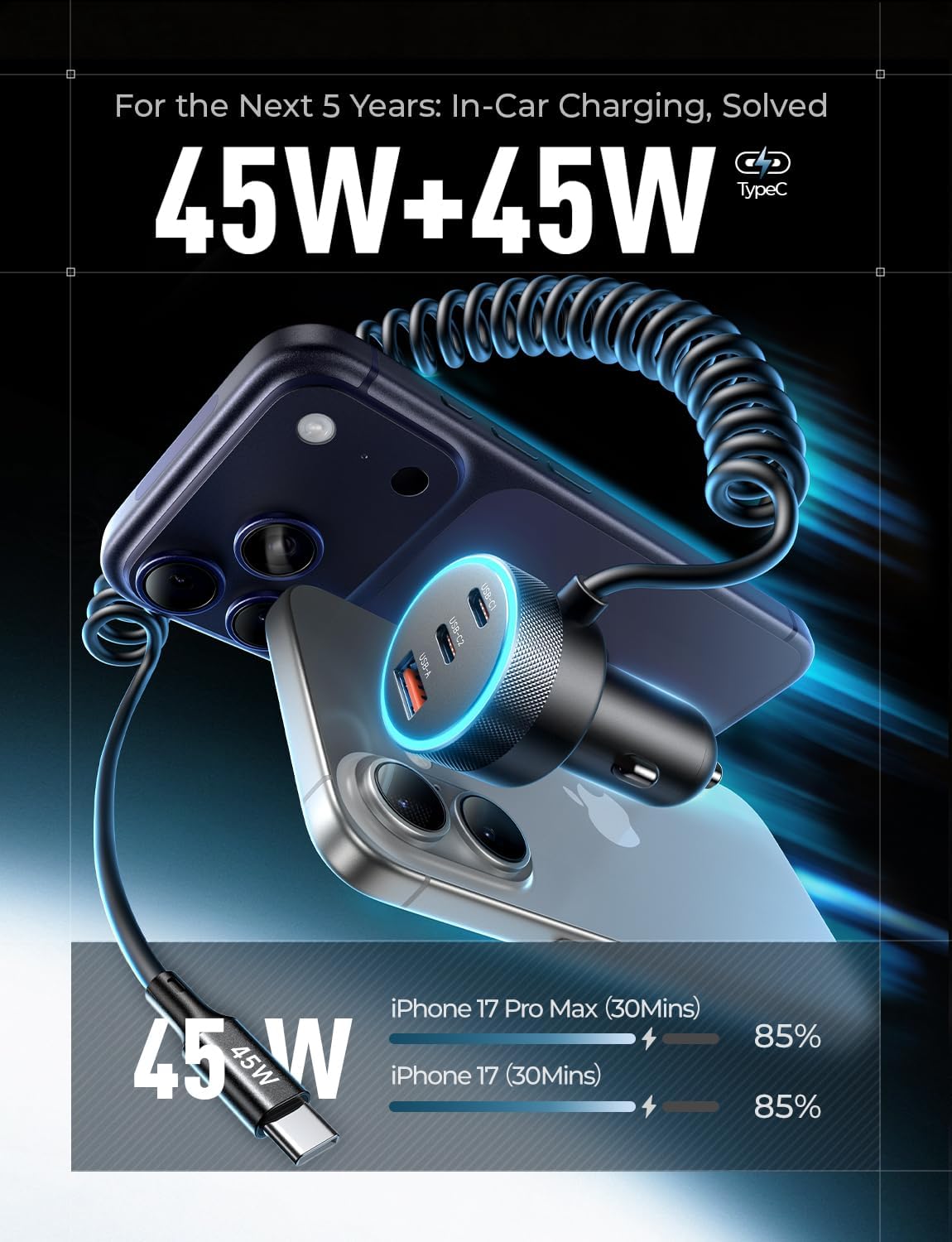 LISEN 90W for iPhone 17 16 15 Pro Max Car Charger USB C Fast Charge