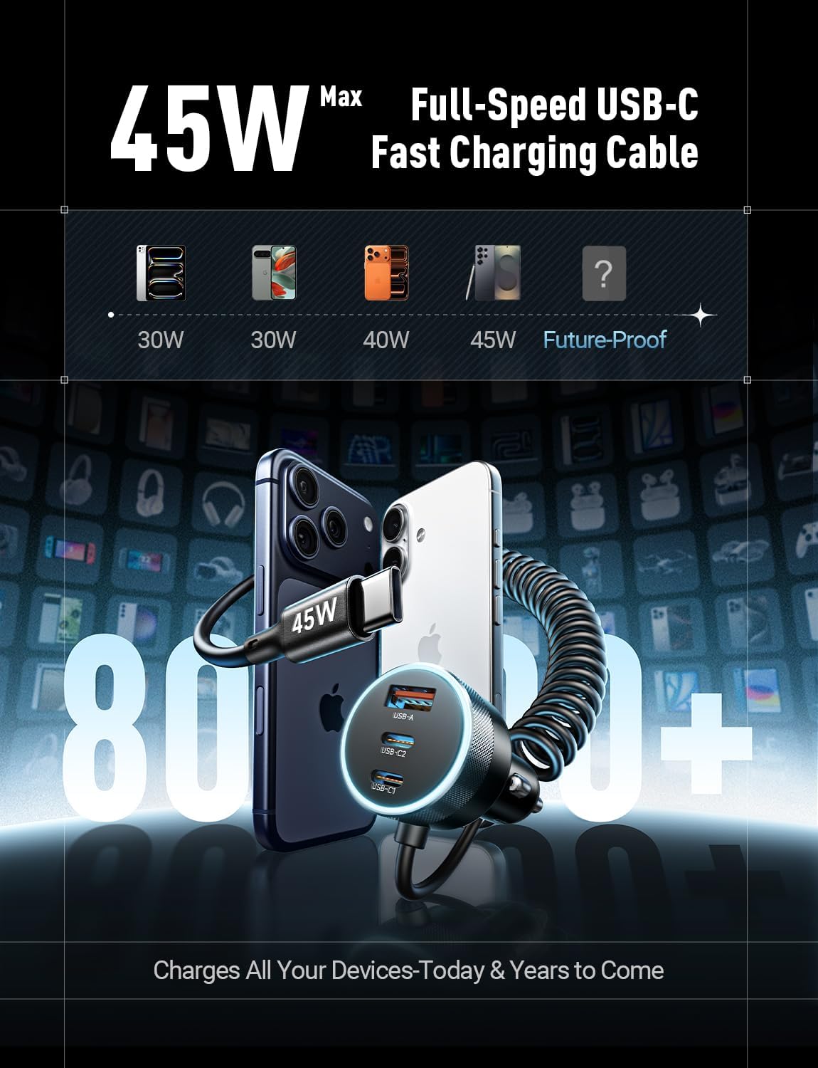 LISEN 90W for iPhone 17 16 15 Pro Max Car Charger USB C Fast Charge