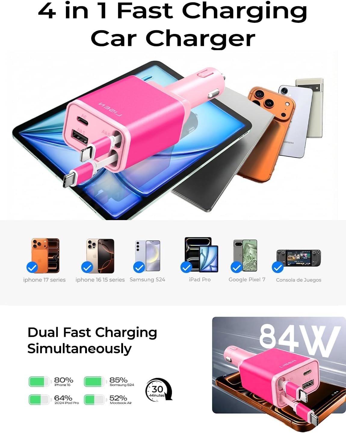 LISEN Retractable Car Charger, 84W Fast Charging Car Phone Charger