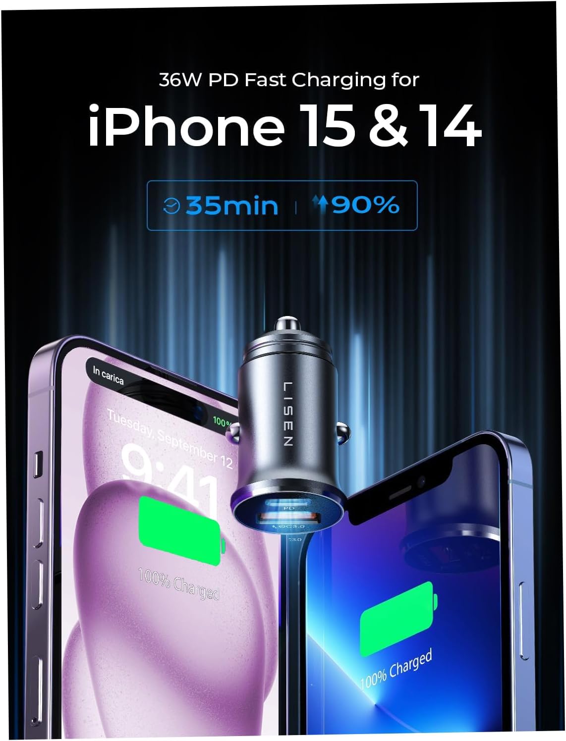 LISEN 54W Mini Metal Cigarette Lighter USB C Car Charger