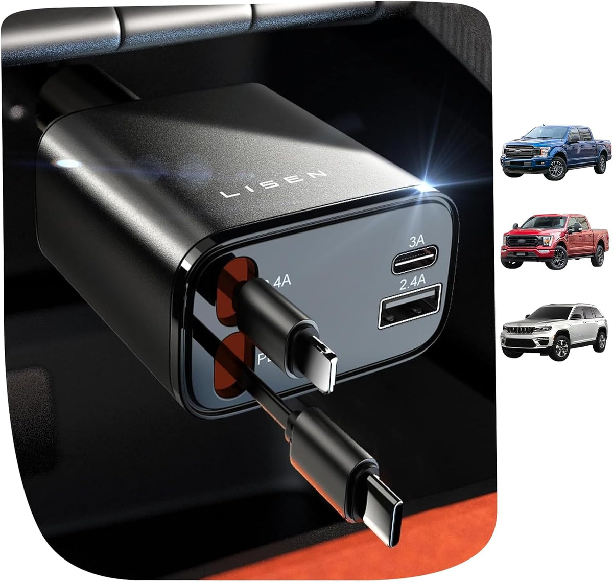 LISEN Retractable Car Charger, 84W Car Charger USB C Fast Charge, Duo Cable