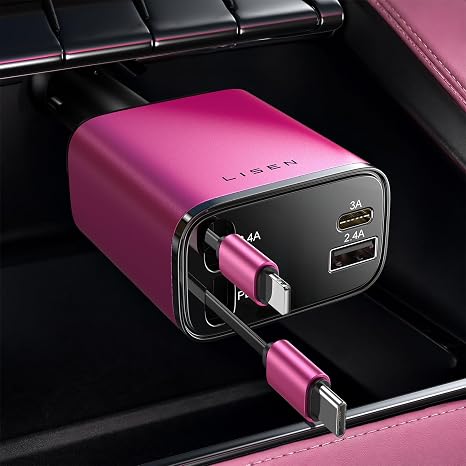 LISEN Retractable Car Charger, 84W Car Charger USB C Fast Charge, Duo Cable