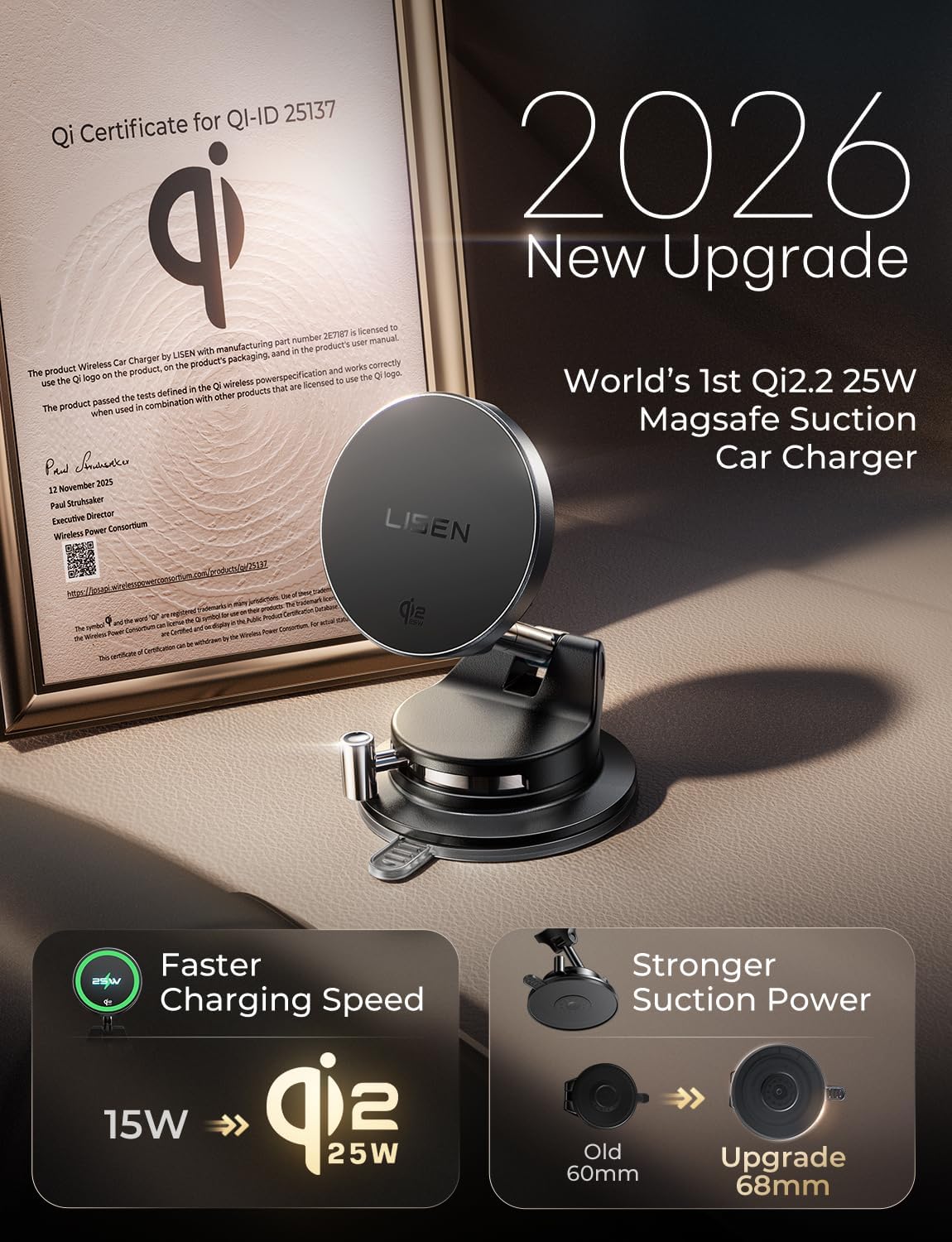 LISEN Qi2.2 25W Magsafe Car Mount Charger