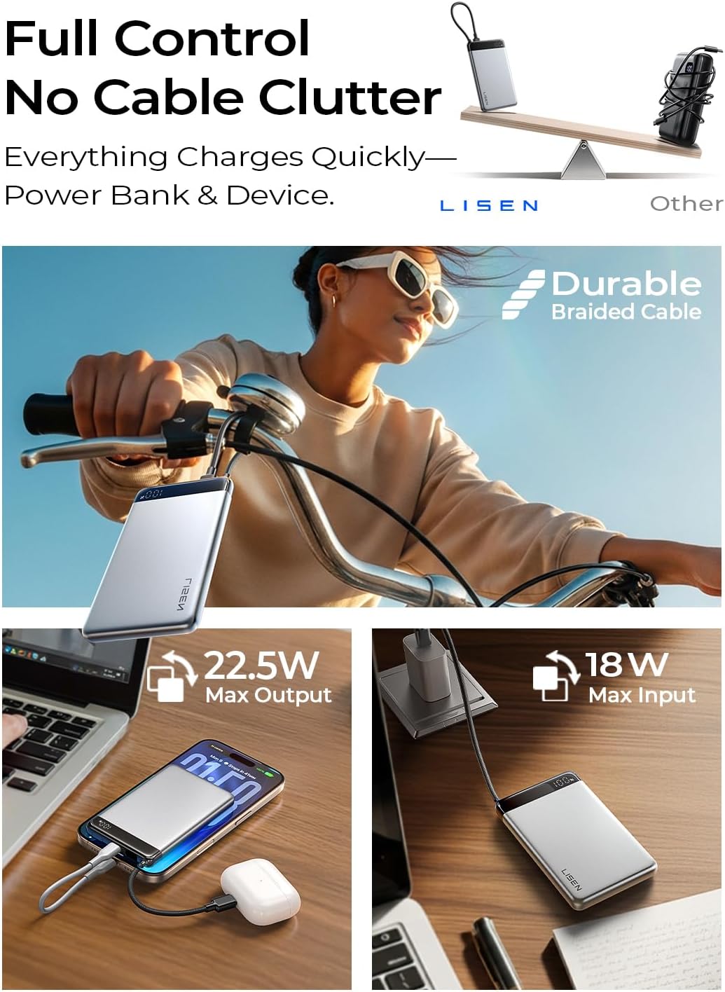 LISEN 0.5" Ultra Slim Power Bank 10000mAh