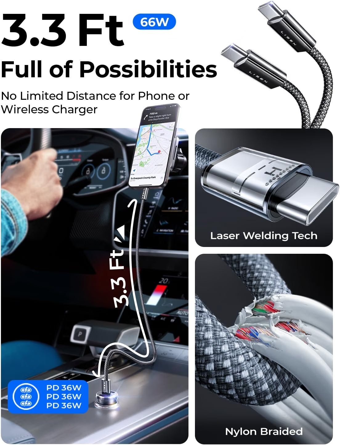LISEN Smallest USB C Car Charger Fast Charge 3‑Port (36W PD/33W PPS/QC3.0)