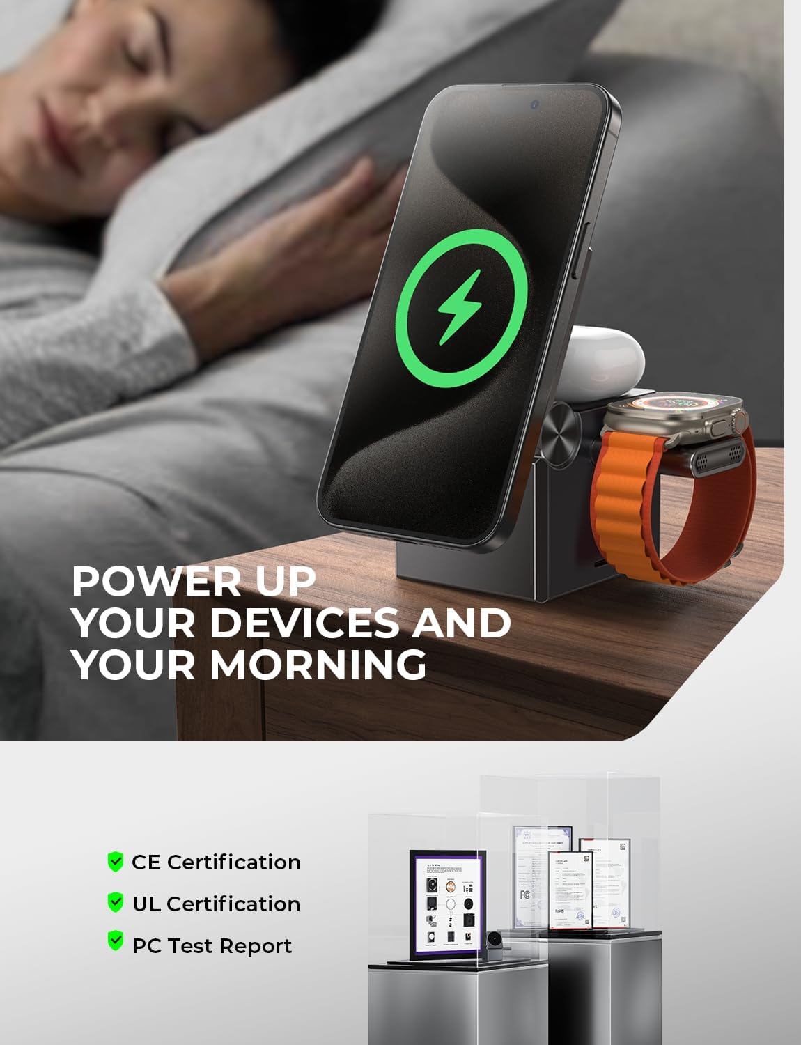 LISEN Qi2 Magsafe Charger Stand 3 in 1 Charging Station for Apple iPhone and Watch Charging Station for 15W Magsafe Charger Stand Cube, Foldable for iPhone 17 16 and Google Pixel 10, 10 Pro, 10 Pro XL