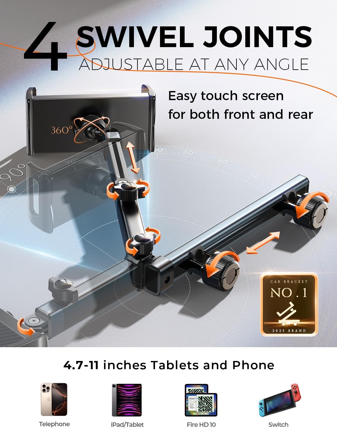 LISEN iPad Holder for Car Tablet Mount, 4 in 1 Adjust Arm Back Seat Stand