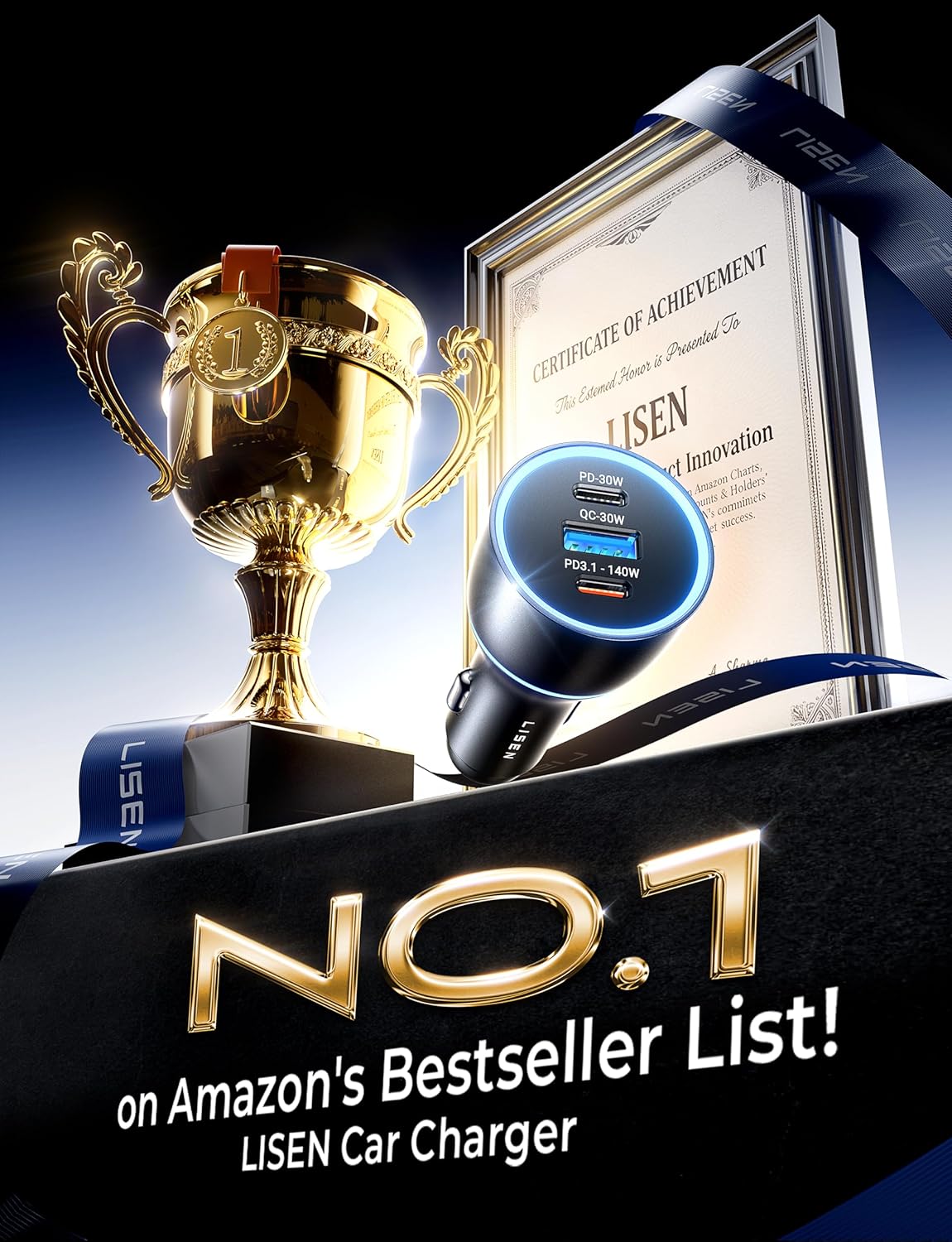 LISEN 170W カーチャージャー USB C 急速充電 カーチャージャー GaN チップ PD3.1 140W+PD30W/QC30W シガレットライター USB 充電アダプター iPhone17/16、MacBook Pro/Air、ノートパソコン、Samsung S25/S24 用