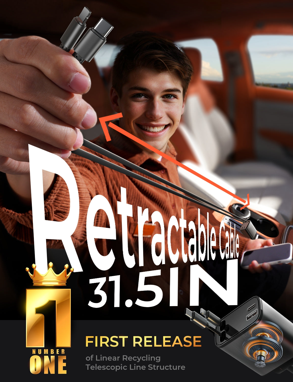 LISEN Einziehbares Autoladegerät, ideales Weihnachtsgeschenk für Männer und Frauen, 69-W-USB-C-Schnellladegerät für iPhone 17, Autozubehör für Autofahrer, kompatibel mit iPhone 17 Pro Max, Air, 16, 15, 14 Plus