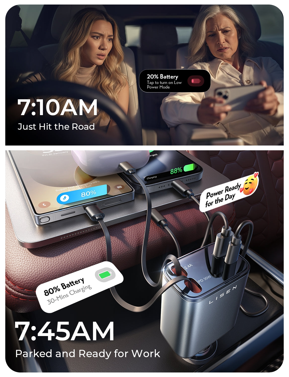 LISEN Einziehbares Autoladegerät, ideales Weihnachtsgeschenk für Männer und Frauen, 69-W-USB-C-Schnellladegerät für iPhone 17, Autozubehör für Autofahrer, kompatibel mit iPhone 17 Pro Max, Air, 16, 15, 14 Plus