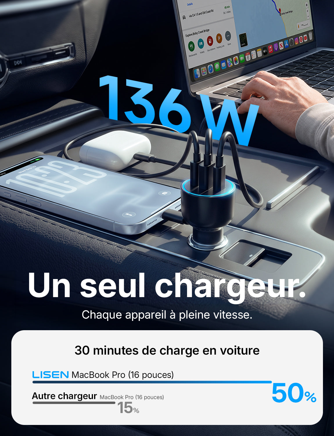 LISEN 136W Chargeur Allume Cigare 3 Ports Chargeur Voiture USB C 100W