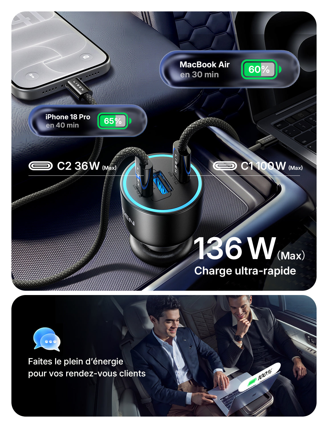 LISEN 136W Chargeur Allume Cigare 3 Ports Chargeur Voiture USB C 100W