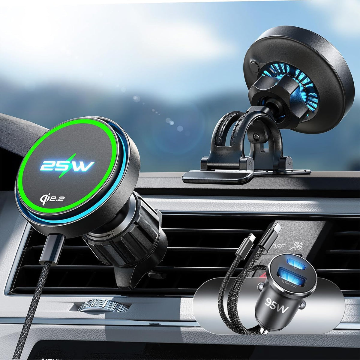 LISEN Qi2.2 25W MagSafe Autohalterung mit Kühllüfter & 95 W Ladegerät |