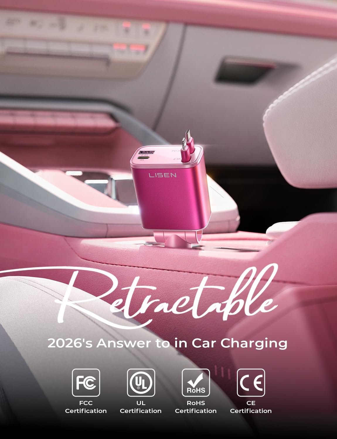 LISEN Retractable Car Charger, Pink-White