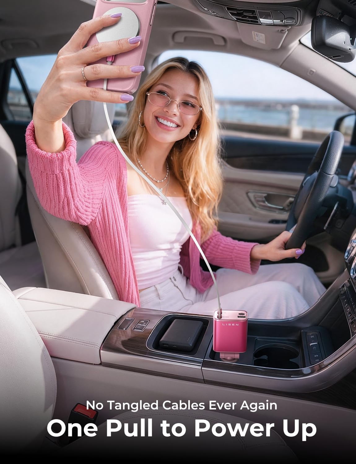 LISEN Retractable Car Charger, Pink-White